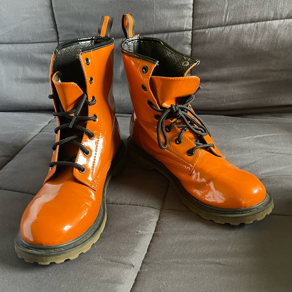 No Boundary- Boots.  Orange patent leather, Dr Marten style.